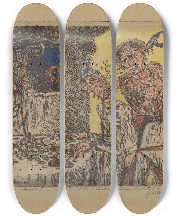 Triptych art skateboard deck of James Ensor De Gierigheid_1 by James Ensor (1860-1949)