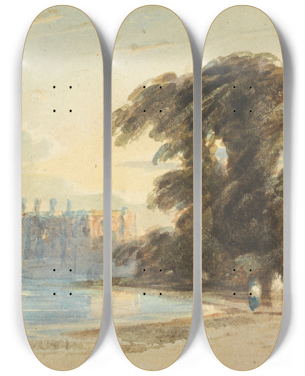 Triptych art skateboard deck of John Varley River Landscape With Figures by John Varley (1778-1842)