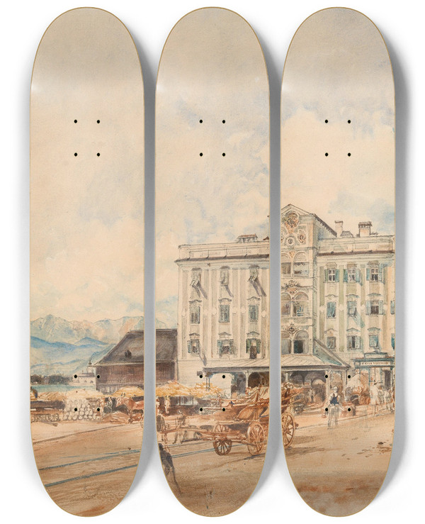 Triptych art skateboard deck of Rudolf Von Alt The Town Hall In Gmunden by Rudolf Von Alt (1812-1905)
