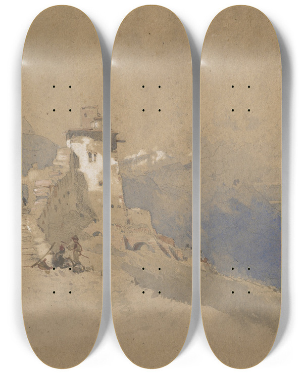 Triptych art skateboard deck of John Ruskin Italian Mountain Scene by John Ruskin (1819-1900)