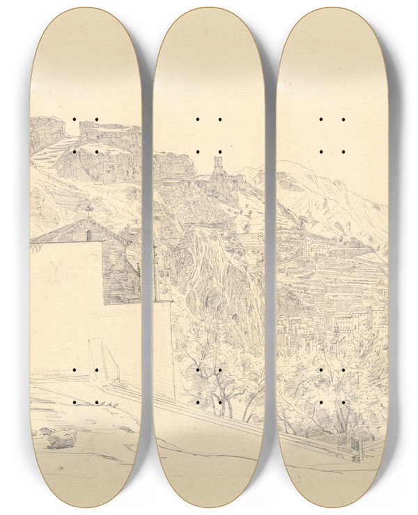 Triptych art skateboard deck of Carl Wagner View Of Amalfi by Carl Wagner (1796-1867)