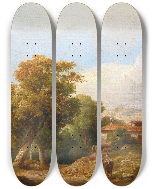 Triptych art skateboard deck of Kroly Mark Italian Landscape With Farmhouse by Karoly Marko (1791-1860)