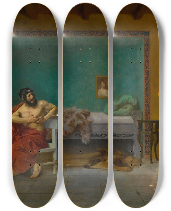 Triptych art skateboard deck of Jeanlon Grme Cupid Runs Out The Door by Jean-Lon Grme (1824-1904)