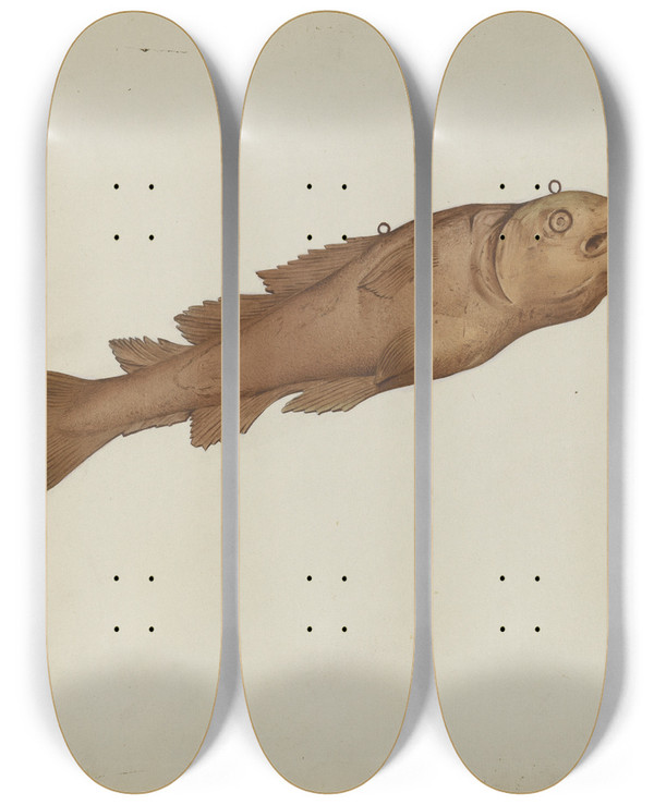 Triptych art skateboard deck of Joseph Goldberg Fish Shop Sign by Joseph Goldberg