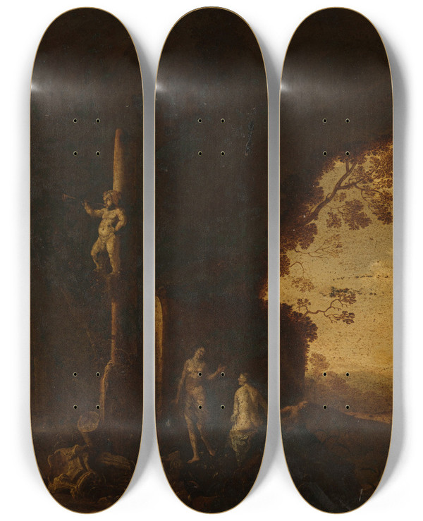 Triptych art skateboard deck of Petrus Van Hattich Nymphs In A Cave With Antique Ruins by Petrus Van Hattich (1620-1665)