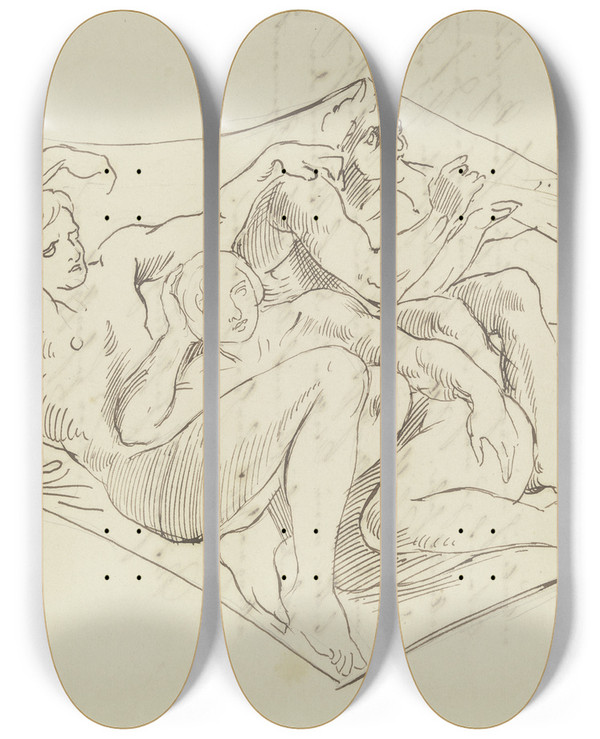 Triptych art skateboard deck of Moritz Von Schwind Kompositionsaufgabe Drei Figuren In Den Angegebenen Raum Zu Bringen Zugleich Mit Seinen Schlern Gelst_1 by Moritz Von Schwind (1804-1871)