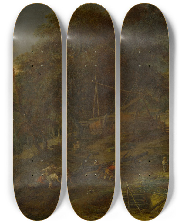Triptych art skateboard deck of Maximilian Joseph Schinnagl Forest Landscape With Staffage Figures by Maximilian Joseph Schinnagl (1697-1762)
