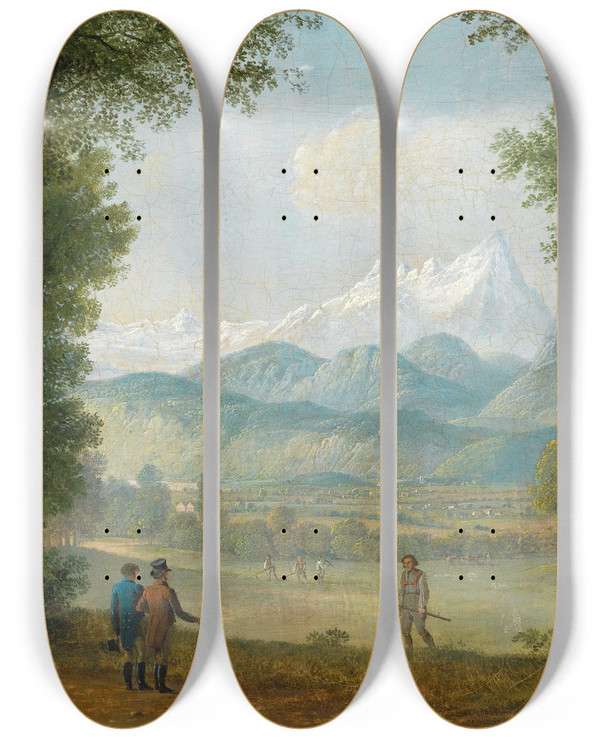 Triptych art skateboard deck of August Piepenhagen Wanderer Vor Weiter Landschaft by August Piepenhagen (1791-1868)