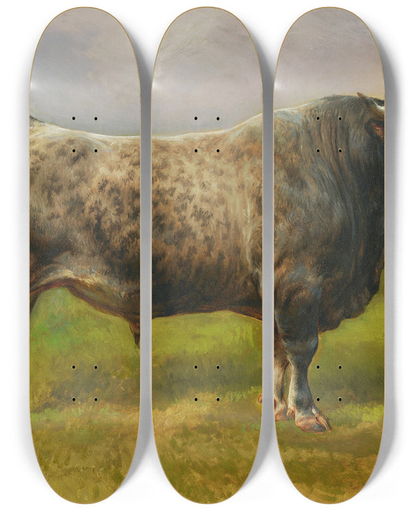 Triptych art skateboard deck of Rosa Bonheur Le Taureau Gris by Rosa Bonheur (1822-1899)