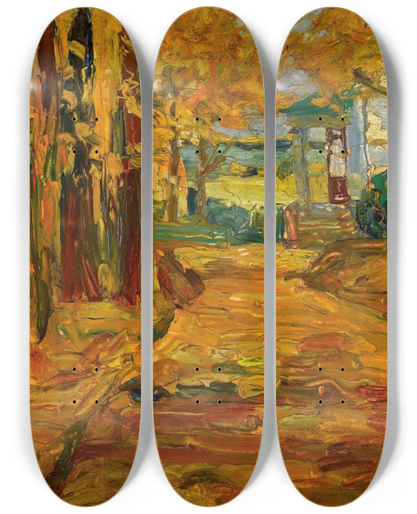 Triptych art skateboard deck of Wassily Kandinsky Park Von St Cloud Herbst I by Wassily Kandinsky (1866-1944)