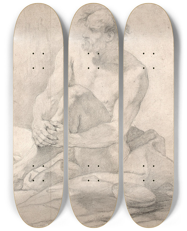 Triptych art skateboard deck of Charlesjoseph Natoire Acadmie Dhomme Assis Dans Un Paysage by Charles Joseph Natoire (1700-1777)