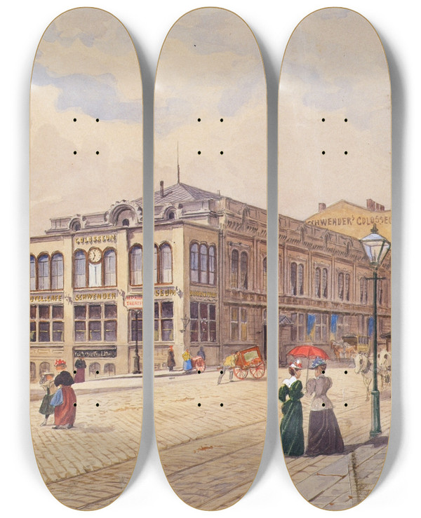 Triptych art skateboard deck of Ernst Graner Die Schwendergasse In Wien Mit Schwenders Colosseum by Ernst Graner (1865-1943)