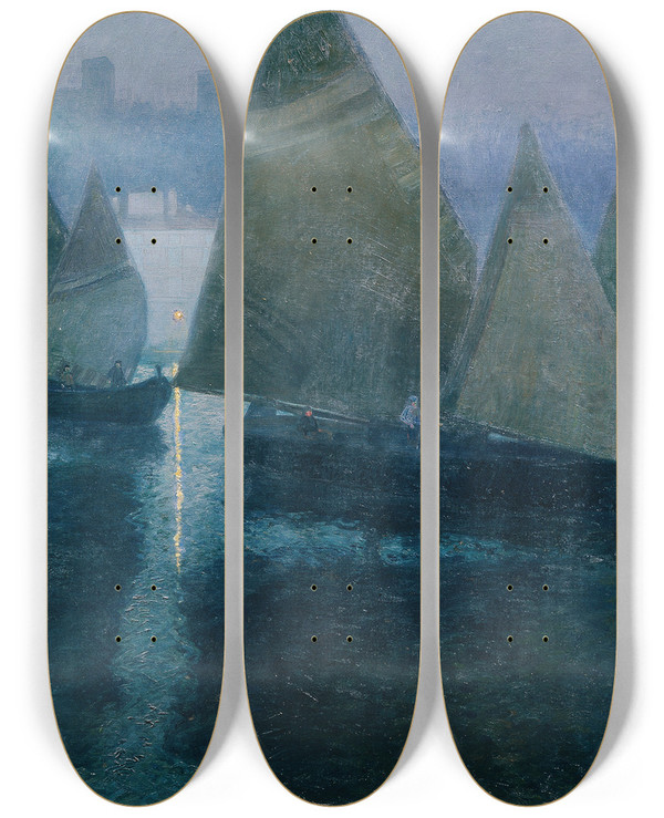 Triptych art skateboard deck of Hans Wilt Mondnacht In Einem Istrischen Hafen by Hans Wilt (1867-1917)