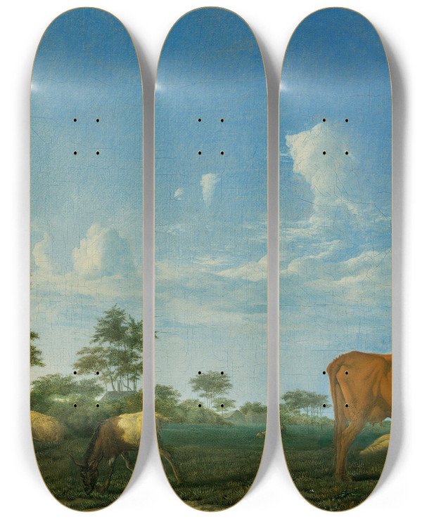 Triptych art skateboard deck of Adriaen Van De Velde A Cow Sheep And Goats In A Meadow With A Shepherd Asleep by Adriaen van de Velde (1636-1672)