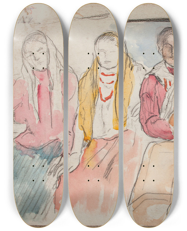 Triptych art skateboard deck of Leopold Gottlieb Rural Women From Mierzwin by Leopold Gottlieb (1883-1934)