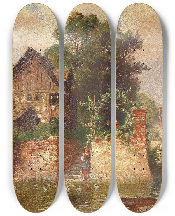 Triptych art skateboard deck of Johann Kautsky Idylle Am Stadtgraben by Johann Kautsky (1827-1896)