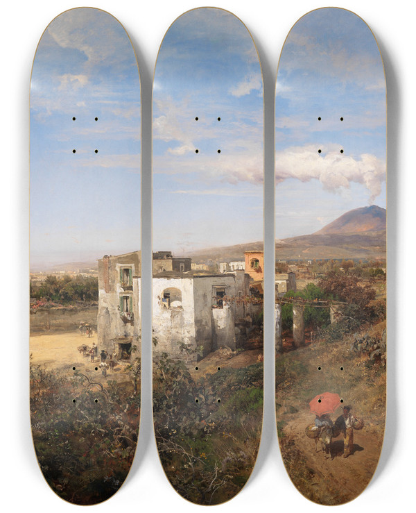Triptych art skateboard deck of Oswald Achenbach Landschaft Bei Pompeji by Oswald Achenbach (1827-1905)