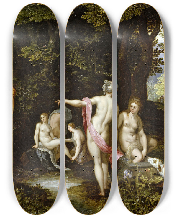 Triptych art skateboard deck of Jan Brueghel The Elder Diana And Actaeon by Jan Brueghel The Elder (1568-1625)