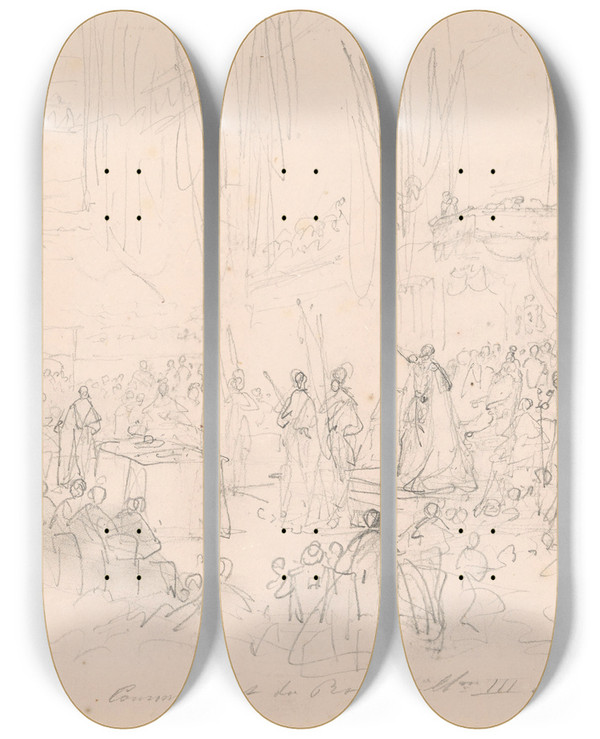 Triptych art skateboard deck of Nicaise De Keyser The Coronation Of William Ii In The Nieuwe Kerk In Amsterdam On 28 November 1840 by Nicaise De Keyser (1813-1887)