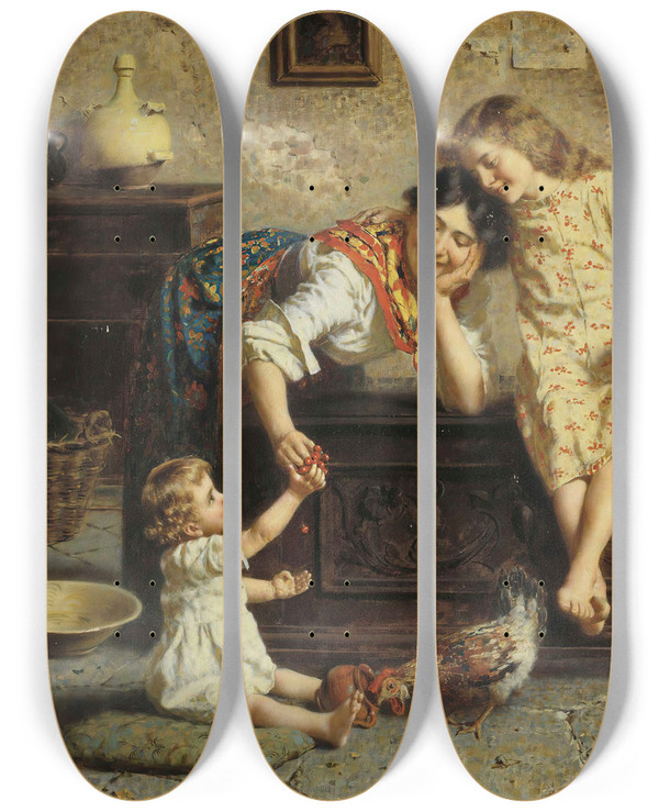 Triptych art skateboard deck of Eugenio Zampighi A Treat For Baby by Eugenio Zampighi (1859-1944)