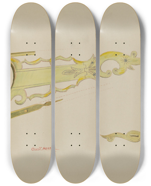 Triptych art skateboard deck of Charles Moss Patch Pocket Butt Plate Stock On Ky Rifle by Charles Moss