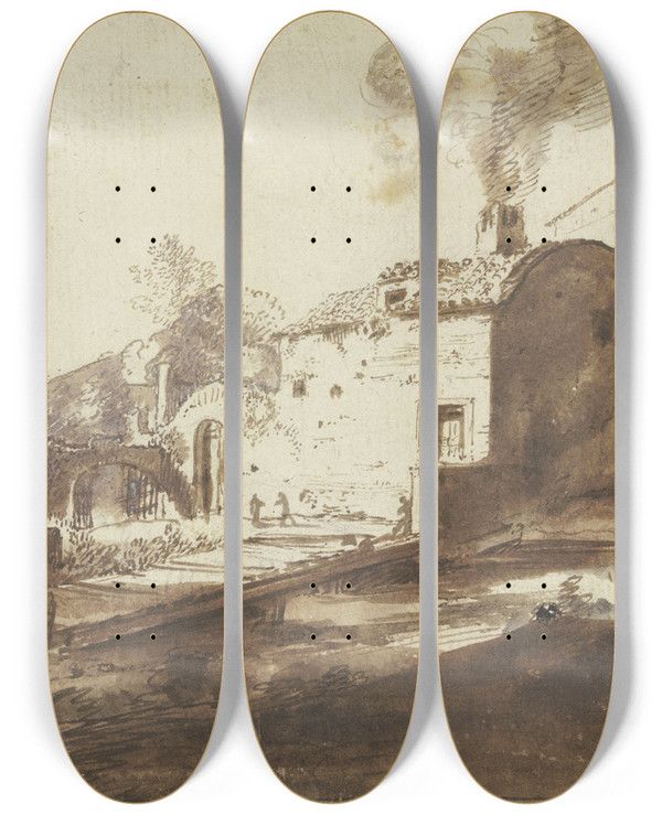 Triptych art skateboard deck of Bartholomeus Breenbergh Group Of Houses In Tivoli by Bartholomeus Breenbergh (1598-1657)