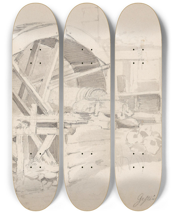 Triptych art skateboard deck of Adolph Tidemand Mlle Neandertal by Adolph Tidemand (1814-1876)