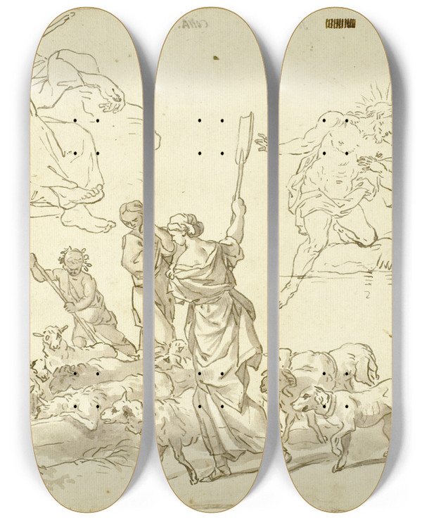 Triptych art skateboard deck of After Domenico Piola Sketches Of Religious Scenes by After Domenico Piola (1627-1703)