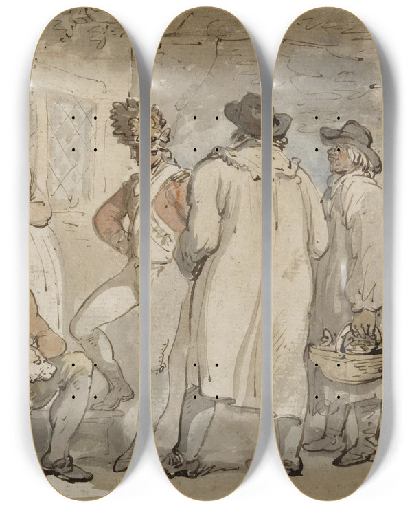 Triptych art skateboard deck of Thomas Rowlandson At The Inn Door by Thomas Rowlandson (1756-1827)