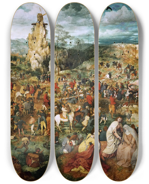 Triptych art skateboard deck of Pieter Bruegel The Elder The Procession To Calvary by Pieter Bruegel The Elder (1525-1569)