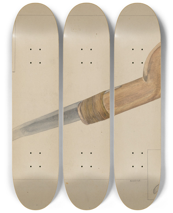 Triptych art skateboard deck of Gilbert Boese Drawknife by Gilbert Boese