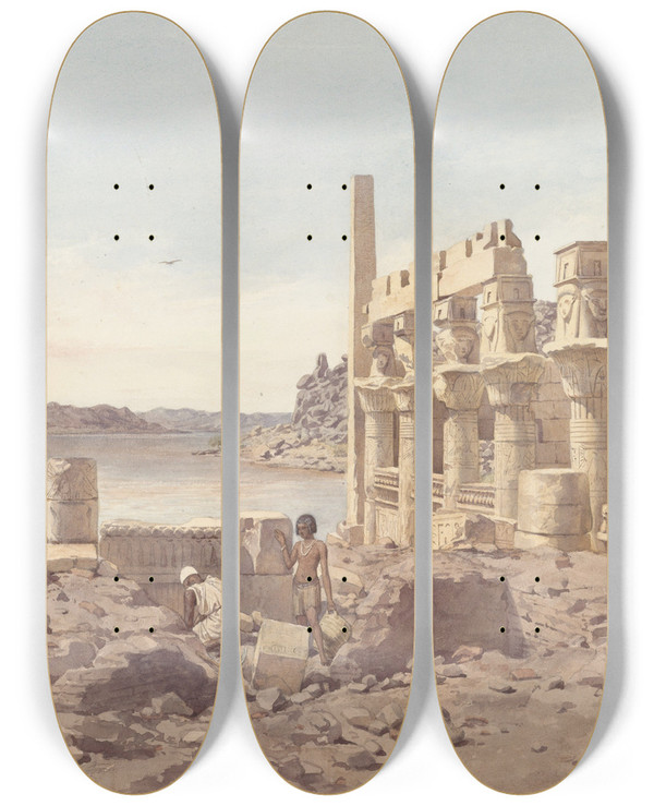 Triptych art skateboard deck of Willem De Famars Testas Gezicht Op De Tempelrunes Te Philae Bij Aswan by Willem De Famars Testas (1834-1896)
