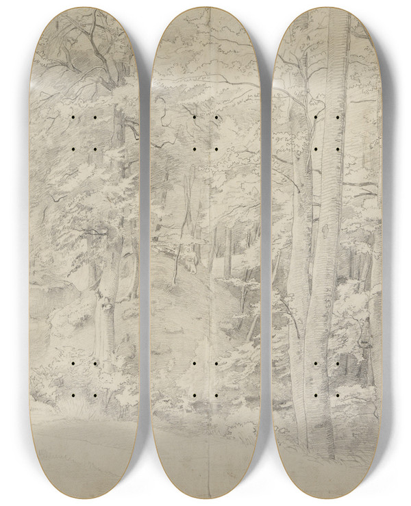 Triptych art skateboard deck of Johann Wilhelm Schirmer Im Buchenwald by Johann Wilhelm Schirmer (1807-1863)