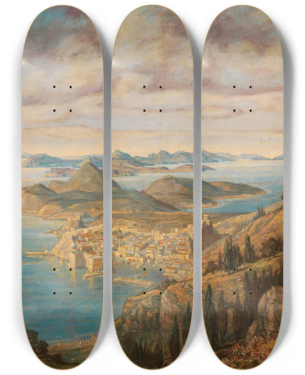 Triptych art skateboard deck of Michael Zeno Diemer View Of Dubrovnik by Michael Zeno Diemer (1867-1939)