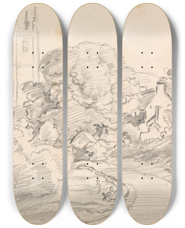 Triptych art skateboard deck of John Linnell Widecombe Village by John Linnell (1792-1882)