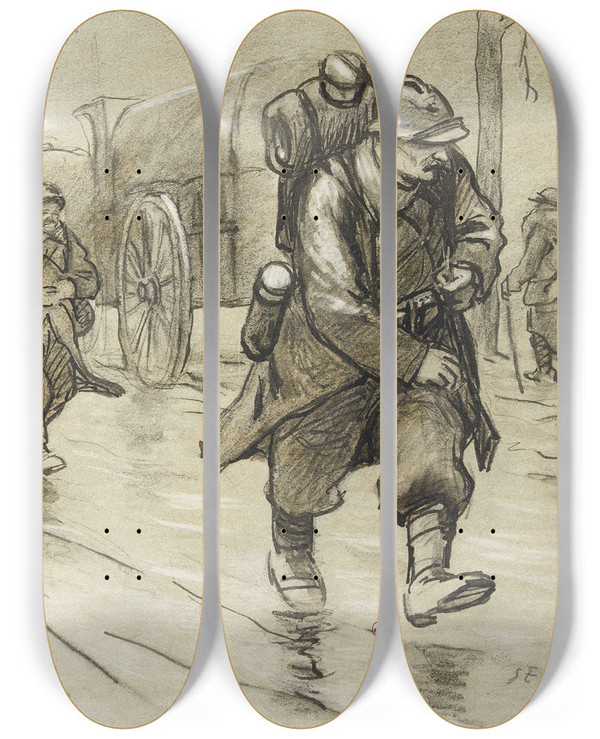 Triptych art skateboard deck of Georges Goursat Sem Convois Sur La Route by Georges Goursat (Sem) (1863-1934)