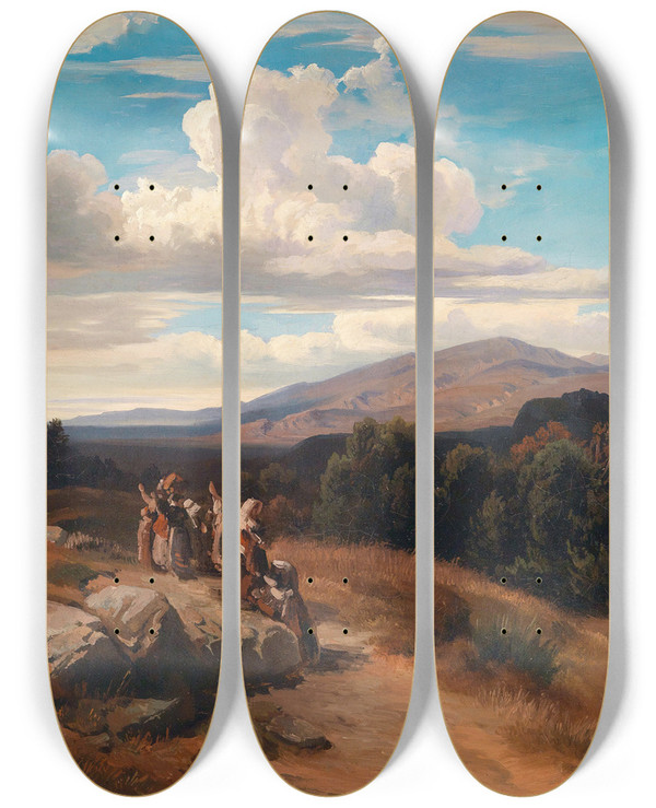 Triptych art skateboard deck of Anton Romako Spanische Landschaft by Anton Romako (1832-1889)