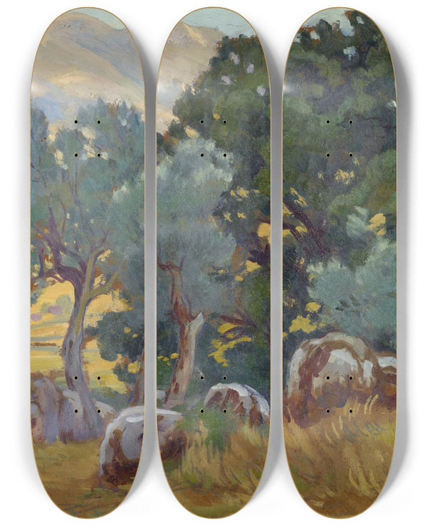 Triptych art skateboard deck of Hans Johann Ludwig Lendorff Road To Marano With View On Cervara by Hans (Johann) Ludwig Lendorff (1863-1946)