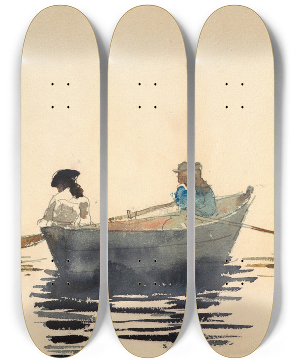 Triptych art skateboard deck of Winslow Homer Two Girls In A Rowboat by Winslow Homer (1836-1910)