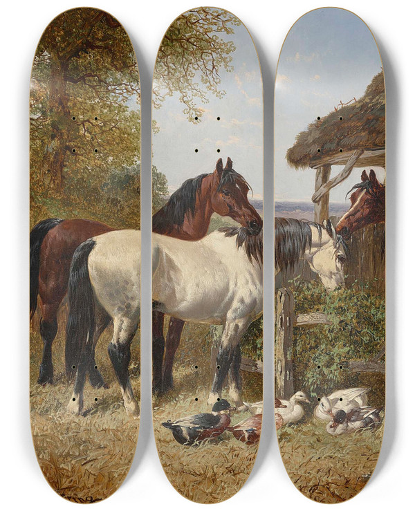 Triptych art skateboard deck of John Frederick Herring Jr Horses And Ducks In A Farmyard by John Frederick Herring Jr (1820-1907)