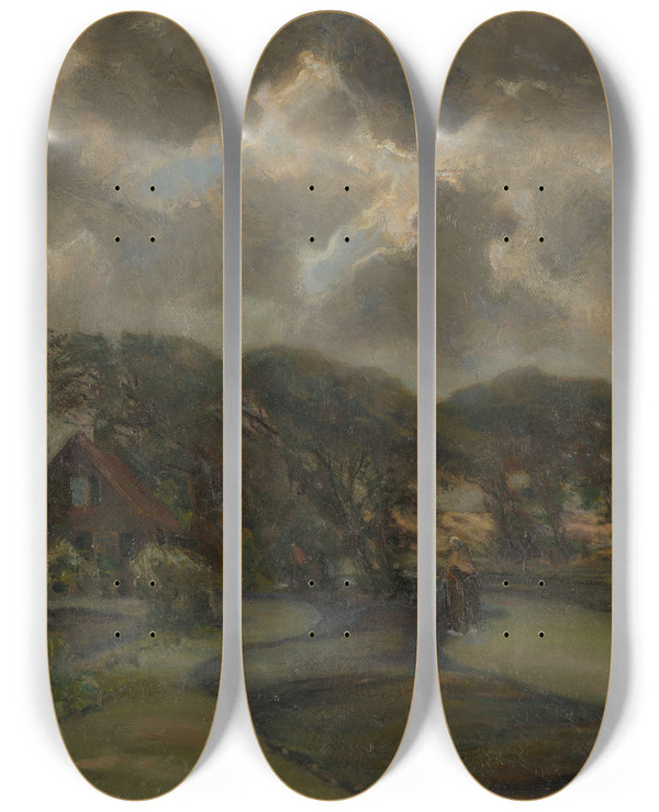 Triptych art skateboard deck of Frans Smissaert Huisje Bij Boomrand En Vrouwen Met Visnetten by Frans Smissaert (1862-1944)