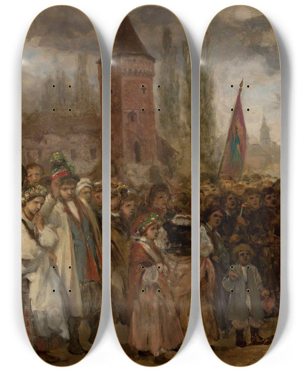 Triptych art skateboard deck of Aleksander Kotsis Funeral And Wedding by Aleksander Kotsis (1836-1877)