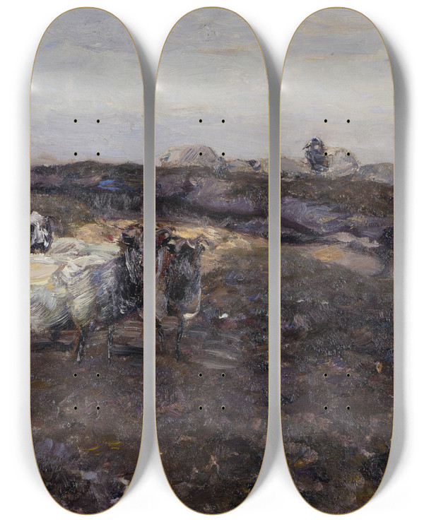 Triptych art skateboard deck of Heinrich Von Zgel Sheeps In Moorland by Heinrich Von Zugel (1850-1941)
