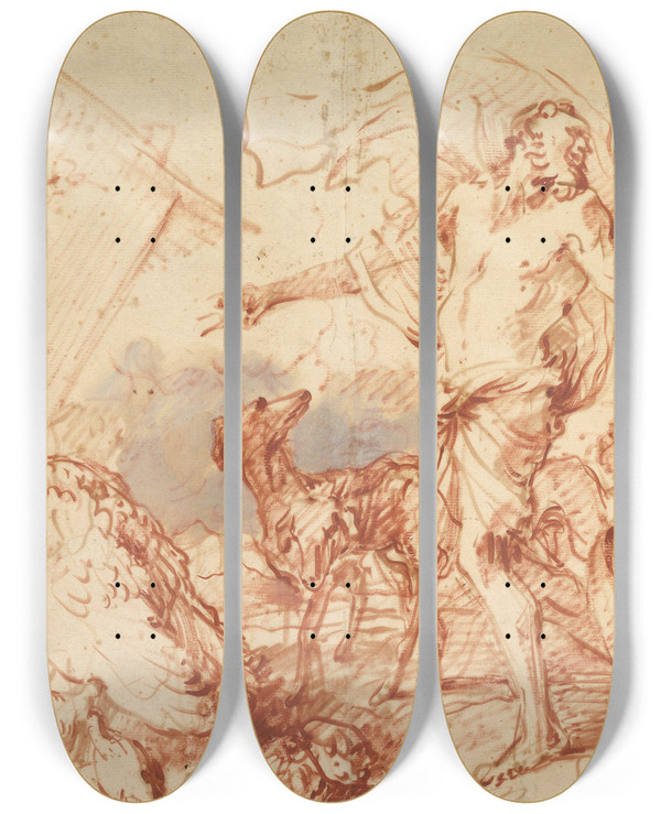 Triptych art skateboard deck of Giovanni Benedetto Castiglione Noah Entering The Ark by Giovanni Benedetto Castiglione (1609-1664)