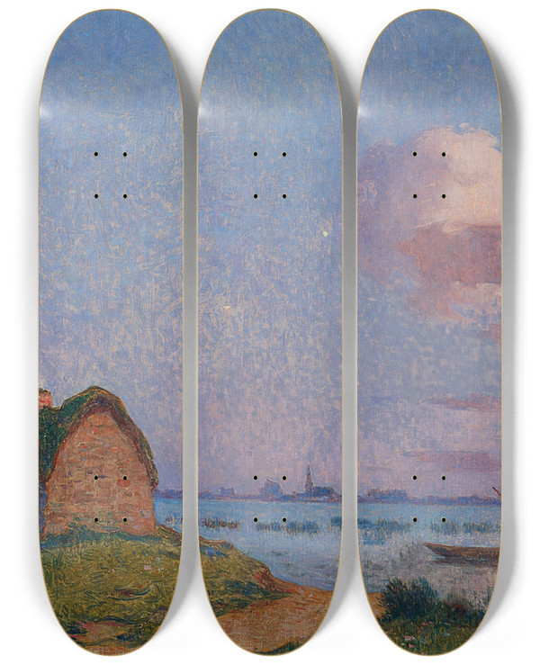 Triptych art skateboard deck of Ferdinand Du Puigaudeau Crpuscule En Brire by Ferdinand Du Puigaudeau (1864-1930)