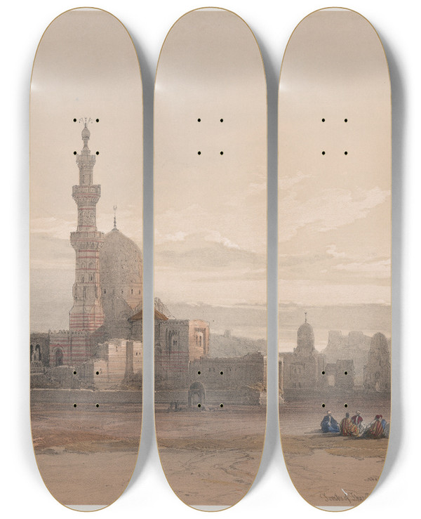 Triptych art skateboard deck of David Roberts Tombs Of The Caliphs Cairo by David Roberts (1796-1864)