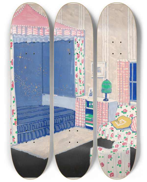 Triptych art skateboard deck of Winold Reiss Design For Unidentified Bedroom With Canopy Bed Interior Perspective Elevation by Winold Reiss (1886-1953)