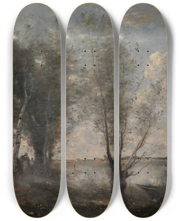 Triptych art skateboard deck of Jeanbaptistecamille Corot Boatman Among The Reeds by Jean-Baptiste-Camille Corot (1796-1875)
