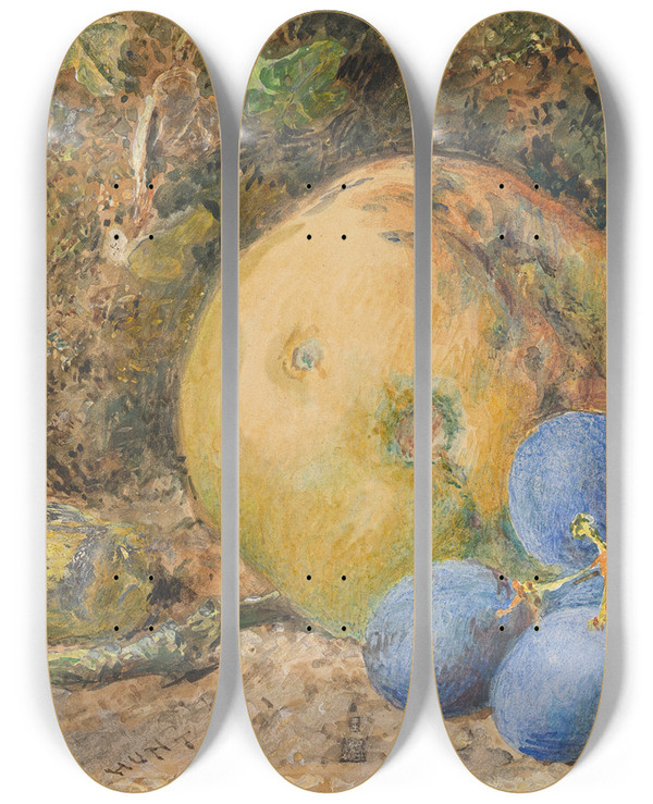 Triptych art skateboard deck of William Henry Hunt An Apple Grapes And A Hazelnut On A Mossy Bank by William Henry Hunt (1790-1864)