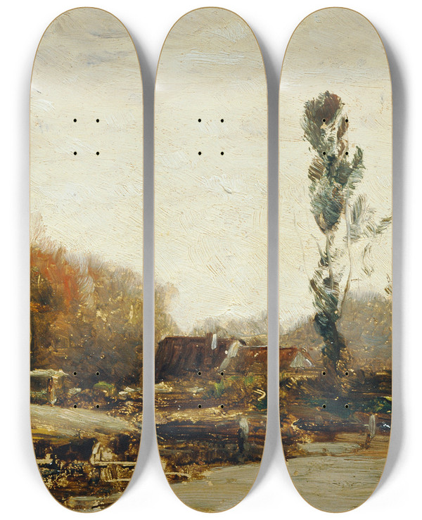 Triptych art skateboard deck of Ludwig Willroider Landschaft Bei Bernried by Ludwig Willroider (1845-1910)